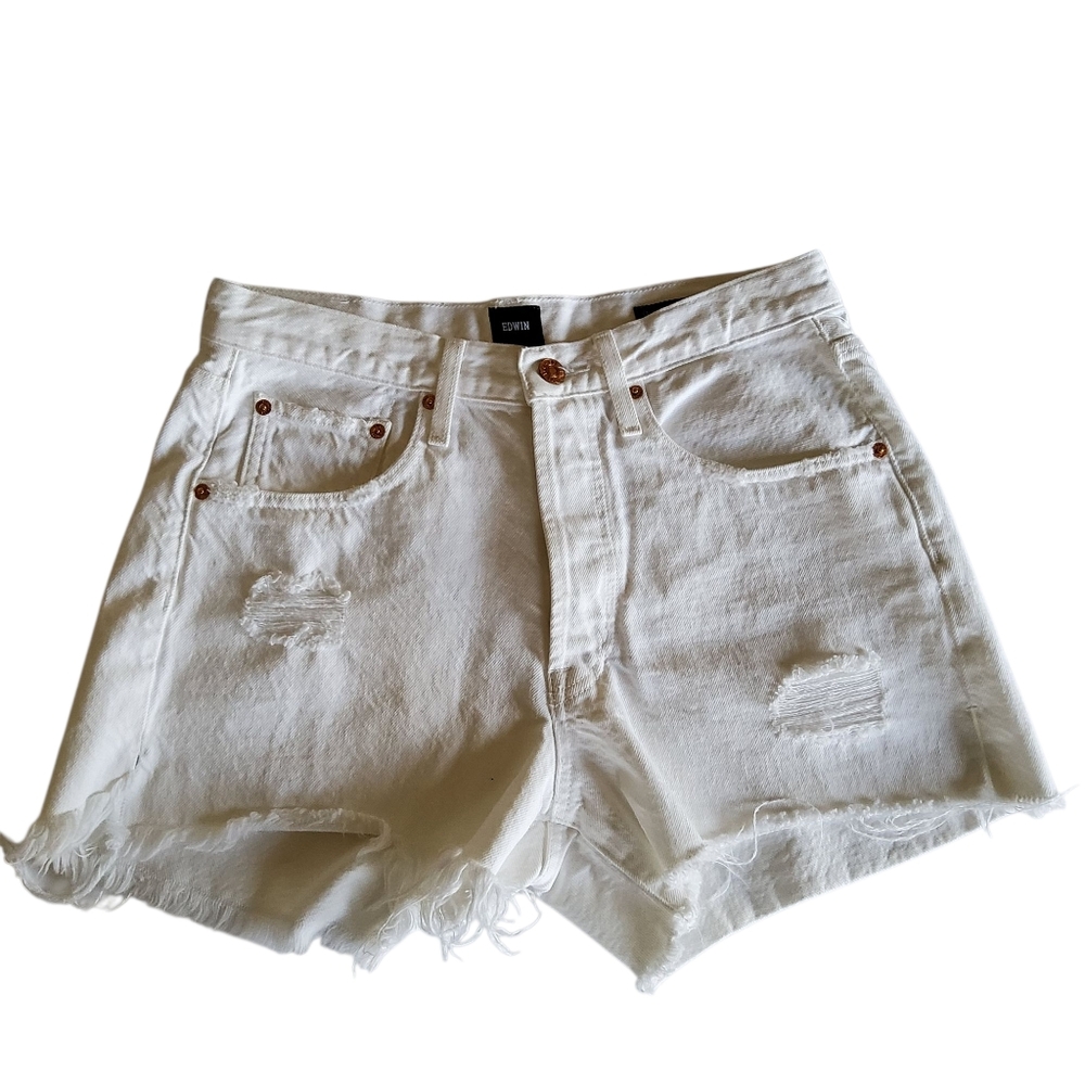 New Edwin Cai Short Distressed Fringe Cutoff White Jean Shorts Size 27